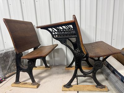 A Pair of Antique Columbia Cast Iron and Wood School Desk Units. This lot features two matching 