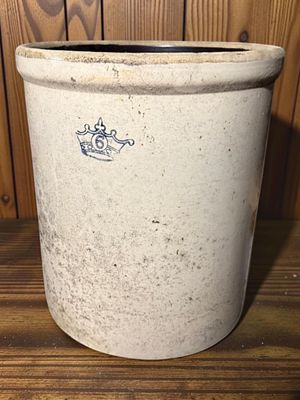 6-Gallon Stoneware Crock with Cobalt Blue Crown Mark, no major chips noticed. Attributed to the 