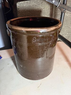 American 8-Gallon Brown Slip Glazed Stoneware Crock, handles have small glazing blemishes, see pics