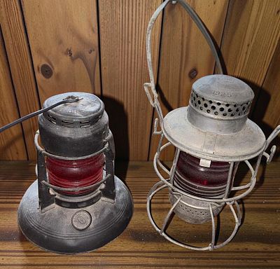 Two Vintage Red Globe Signal Lanterns, Dietz No. 40 and Armspear PRR Pennsylvania Railroad 1925. 