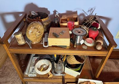 An Assortment of Vintage Tools, Collectibles, and Workshop Items on a Two-Tier Rolling Cart. This 