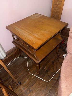 Mid-Century Colonial Revival Maple Two-Tier Step End Table, 20 x 20 inches, 24 tall. Auction 