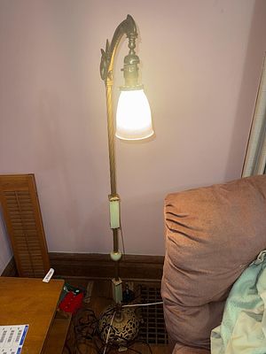 Art Deco Cast Metal Bridge-Arm Floor Lamp with Onyx-Style Inserts and Frosted Glass Shade, 5 ft 