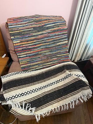 Two Woven Textiles including a Multicolored Rag Rug and a Mexican Style Falsa Blanket, blanket 