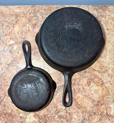 A Pair of Griswold Cast Iron Skillets No. 7 and No. 3 Large Block Logo. Auction pickup for this 