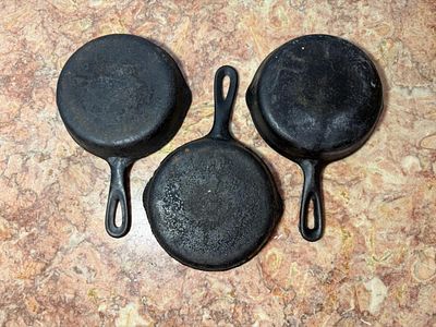 A Trio of Vintage Size 3 Cast Iron Skillets, Wagner and others. Auction pickup for this auction 