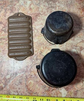 Griswold Patty Bowl, Small Wagner Dutch Over and Griswold #262 Corn Stick Pan. Auction pickup 