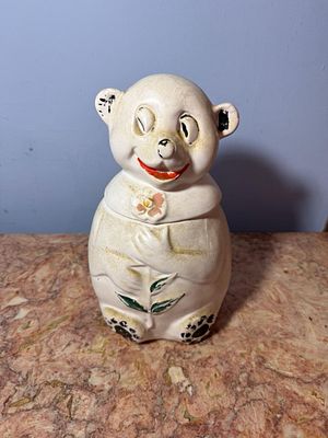 Vintage McCoy Pottery Winking Snow Bear Cookie Jar, some small chips around rim from use. Auction 