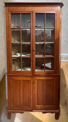 ANTIQUE Federal Style Cherry One-Piece Corner Cupboard with 8 Light Glazed Upper Doors. A 