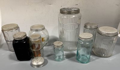 A Collection of Ten Vintage Hoosier Style Glass Kitchen Canisters and Jars. This collection 