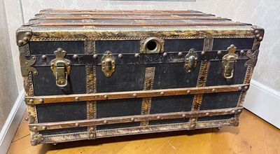 Antique Flat-Top Steamer Trunk with Fitted Interior Tray