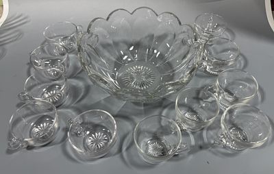 A 12-Piece Heisey Pressed Glass Punch Bowl Set, 2 different patterns of glasses