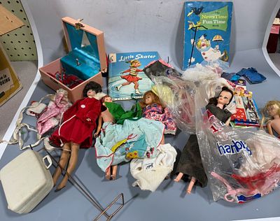 Early Assortment of Vintage Mattel Barbie, Midge, and Skipper Dolls with Furniture and Accessories. 