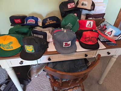 WEST OF MEEKER PICKUP- An Assortment of Vintage Agricultural and Industrial Trucker Hats. A 