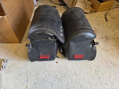 KENTON AREA PICKUP- A Pair of Black Synthetic Leather Motorcycle Saddlebags with Braided Trim 