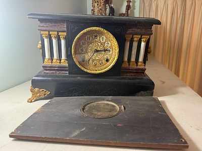 Seth Thomas Architectural Mantel Clock with Faux Marble Columns, 17" wide, needs repair