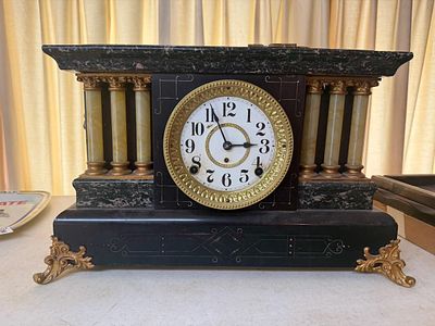Seth Thomas Adamantine Mantel Clock with Six Pillars and Gilt Metal Accents, 20" long