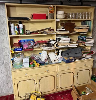 Two Piece Country Provincial Style Buffet and Hutch in Pale Yellow Finish, approx 6' tall, 6' long