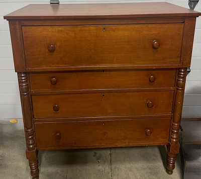 American Empire Cherrywood Chest of Drawers with Spool Turned Pilasters, handcut dovetails, 4 