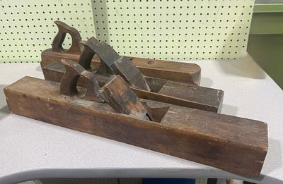 Three Antique Wood Bodied Bench Planes Including Shamrock Tool Co