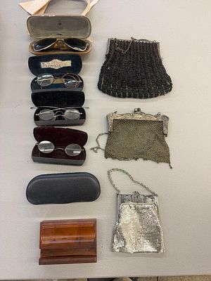 An Assortment of Antique Spectacles and Mesh Evening Bags