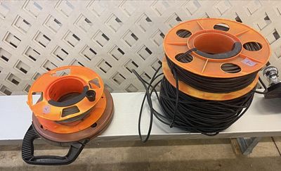 Trio of Electrical Supply Items Including Southwire 125 Foot Steel Fish Tape and Two Wire Reels 