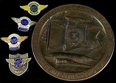 1942 Curtiss-Wright Corporation Airplane Division WWII Production Award Medallion and Four Pins. 