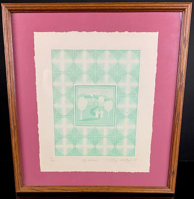 Mary Rutherford 'Log Cabin' Signed and Numbered Embossed Print. A framed contemporary embossed 