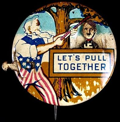 WWII 'Let's Pull Together' Uncle Sam Hanging Hitler Pin Button. A World War II era circular 