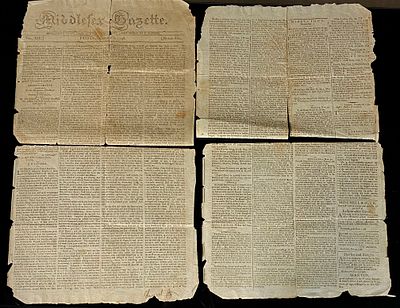 An 18th-Century American Newspaper, The Middlesex Gazette, December 7, 1798. A group of multiple 