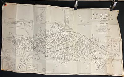 Vintage City and Vicinity Map of Corning, Steuben County, New York, 1951-1956. A vintage black 