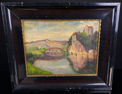 J. Plankenhorn (20th Century), Landscape with Castle and River. An oil painting on canvas by J. 