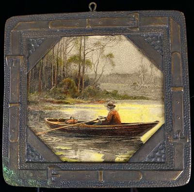 Small Arts and Crafts Patinated Metal Plaque with Landscape Scene, 'Fidelis'. A rectangular 