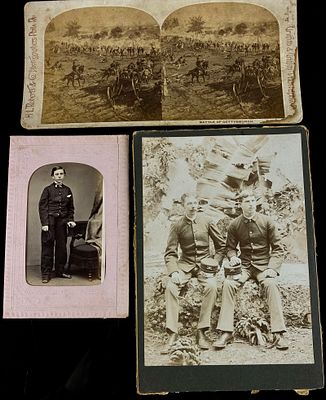 Three Photographic Items: A Civil War Stereoview, Carte de Visite, and Military Cabinet Card. Com 