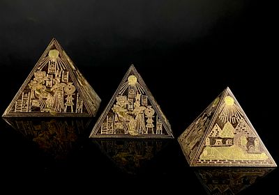 Set of Three Vintage Etched Brass Egyptian Revival Pyramids. A set of three graduated 