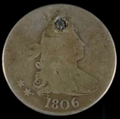 1806 Draped Bust Silver Quarter, Holed. An 1806 Draped Bust Silver Quarter. This circular 