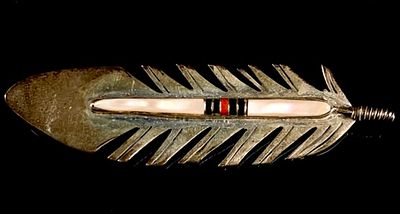 Silver-Toned Metal Feather Brooch with Mother-of-Pearl and Black & Red Inlay. A silver-toned 
