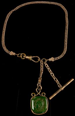 Victorian Gold Filled Albert Watch Chain with Moss Agate Intaglio Fob. A Victorian gold-filled 