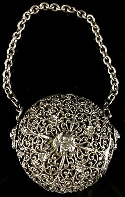 Antique Silver Filigree Pomander or Scent Ball with Chain, featuring Lion Head Motif. An antique 