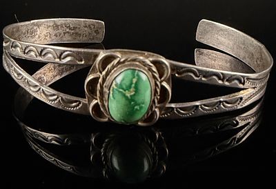 Fred Harvey Era Navajo Sterling Silver Turquoise Cuff Bracelet. A Fred Harvey Era Navajo 