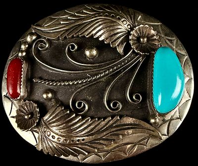 Vintage Navajo Sterling Silver Turquoise and Coral Belt Buckle. A vintage Navajo sterling silver 