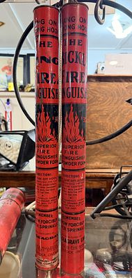 A Pair of Vintage Canadian Dry Powder Fire Extinguishers by Bickle-Seagrave and King Seagrave. A 