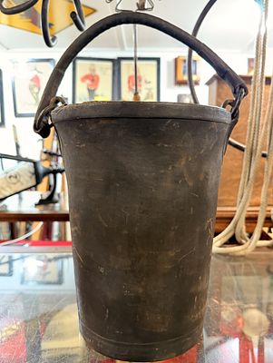 Vintage Utilitarian Coated Textile Fire Bucket with Metal Handle. A utilitarian bucket, likely 