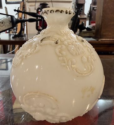 Antique Victorian White Milk Glass Embossed Rococo-Revival Fire Barber Bottle. An antique 