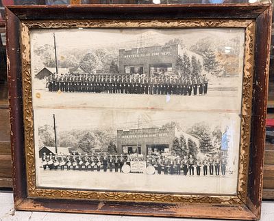 Vintage Montour Falls Fire Department and Drum Bugle Corps Photographs in Ornate Frame. A 