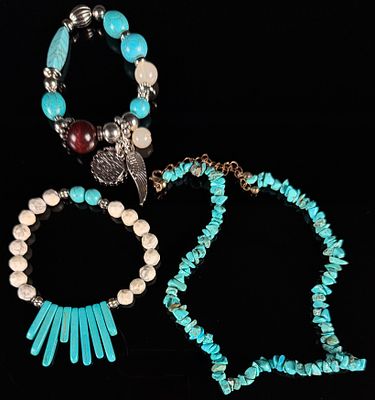 Silver and Turquoise-Colored Bead Assortment of Three Contemporary Costume Bracelets. Lot of 