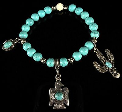 Silver-Toned Western Motif Charm Bracelet with Turquoise-Colored Beads. This Southwestern-style 