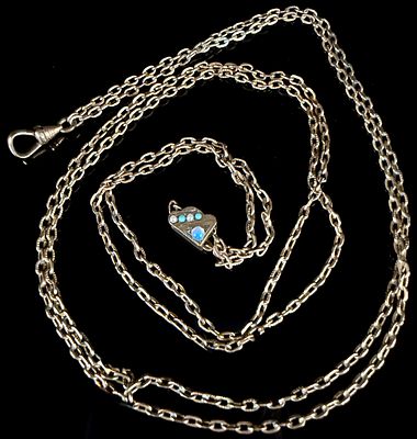 Victorian Gold Filled Long Watch Chain Necklace with Opal and Turquoise Slide
Category: 