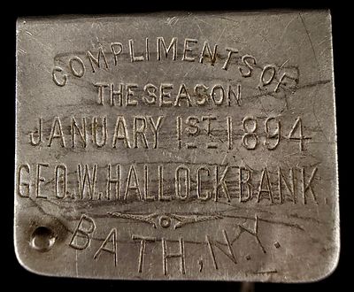 Antique Bath NY 1894 Metal Folding Novelty Pocket Postal Rate Guide, Geo. W. Hallock Bank. This 