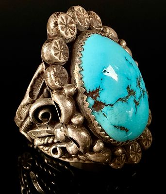 Vintage Sterling Silver Navajo Style Turquoise Statement Ring Signed. Sz 11 1/2 Sterling silver 